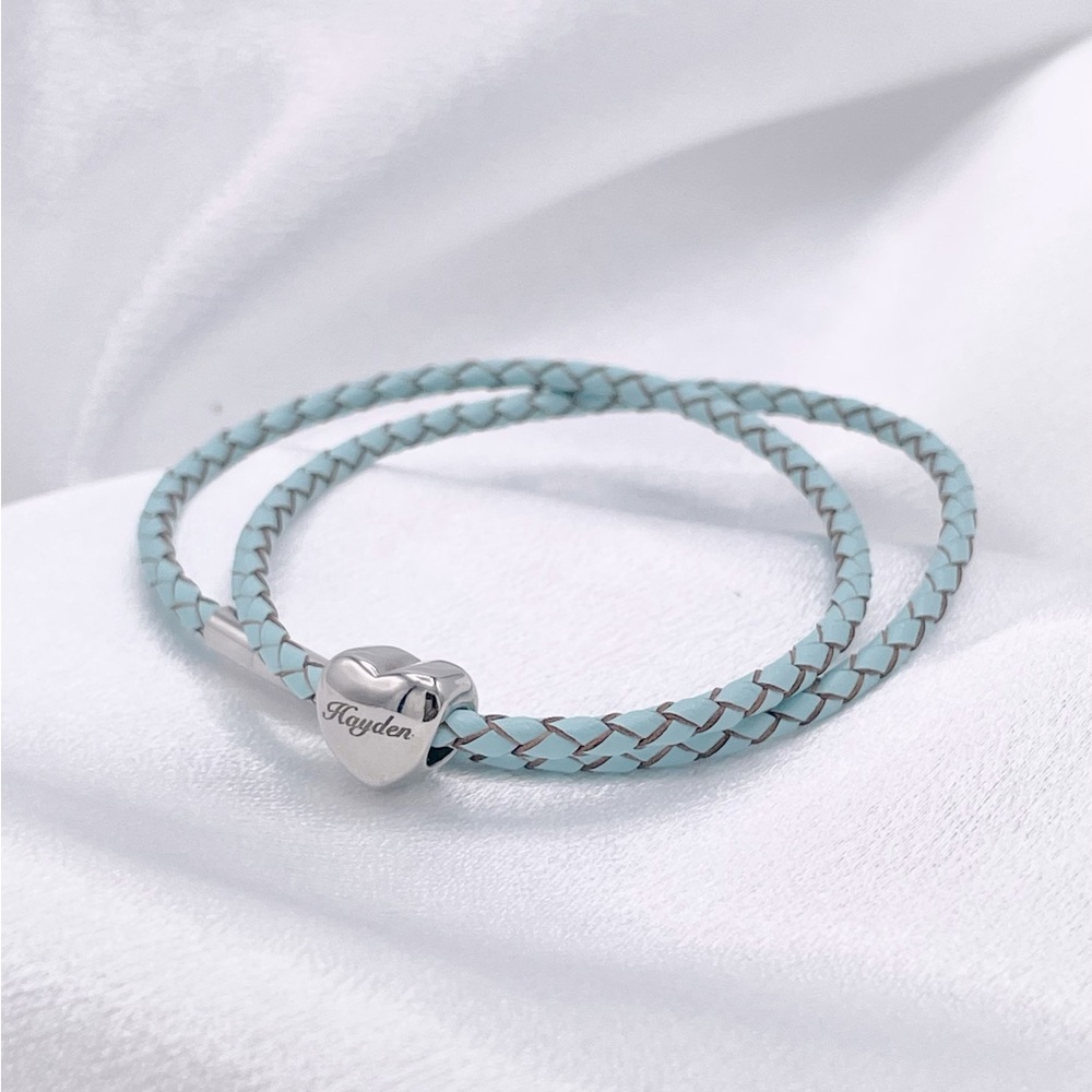 Linx Double Blue Leather Braided Cord Bracelet with Custom Name Engraved Heart